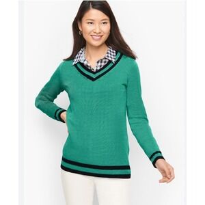Talbots Sweater Womens M Green Black V Neck 100% Linen Knit Pullover Coastal